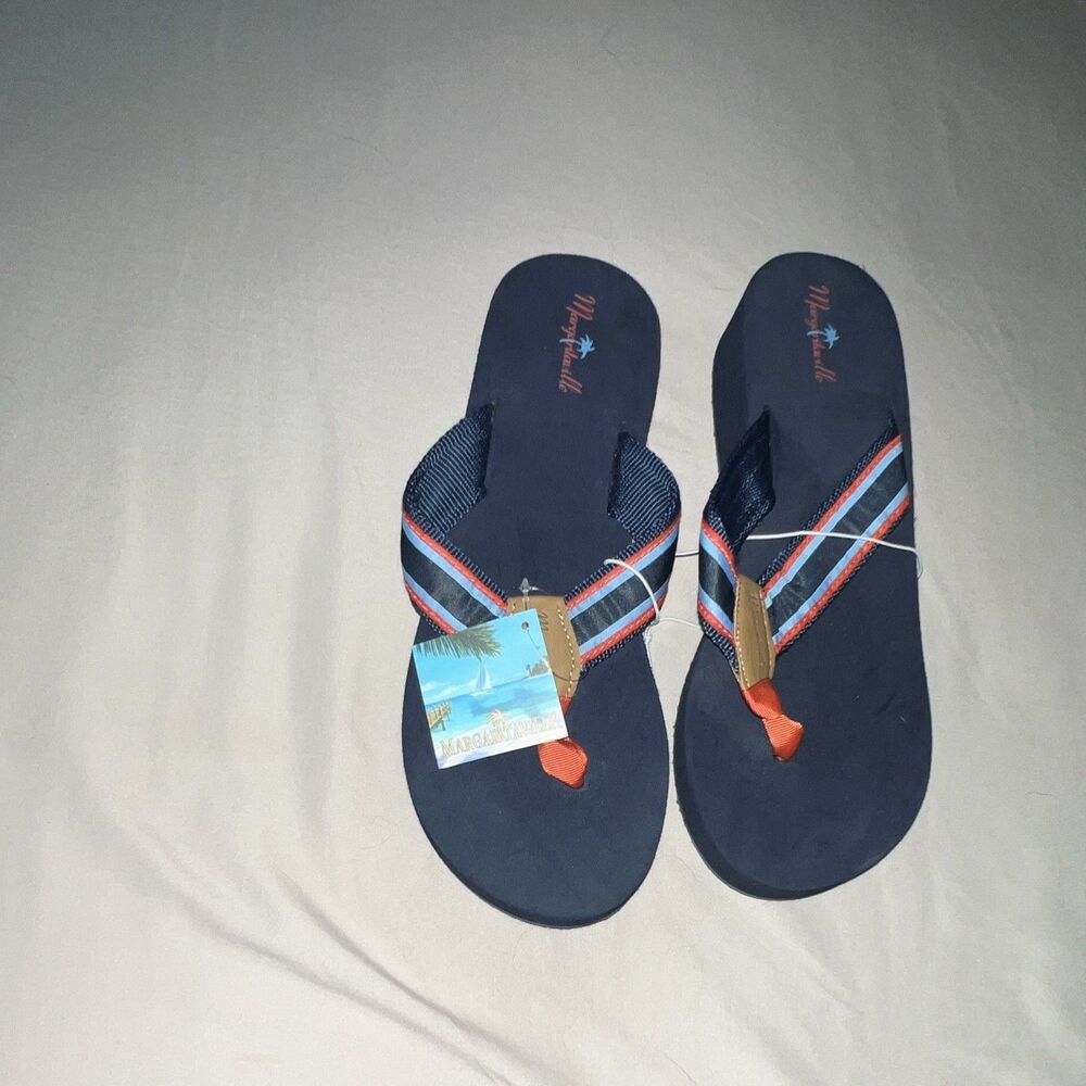 Margaritaville Womens Navy Striped Flip Flop Sandals Slip On Logo US 11